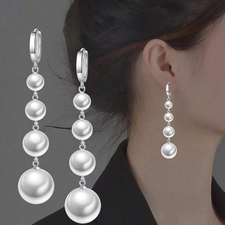 优雅的白色珍珠吊坠铜耳环，配有长流苏，适合旅行、约会、派对、夏季珠宝、西方珠宝、沙滩配饰、舞会、海滩、夏季、珠宝、配饰