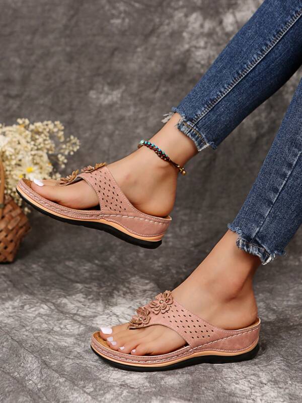 Women's Casual Solid Color Wedge Slide Sandals, Thick Sole Elevated Comfort Open Toe Slippers With Rhinestone Decor, Beach Wedge Shoes