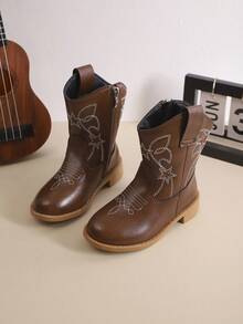 1双儿童时尚休闲牛仔靴，儿童秋冬刺绣中筒复古靴，儿童V型厚筒短靴 - 棕色 - 查看 2