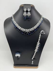 Set de bijuterii de lux cu 4 bucăți pentru femei, colier, cercei, inel, brățară cu zirconiu verde și roz încrustat cu cupru, set de bijuterii de mireasă, cadou de Ziua Îndrăgostiților pentru prietenă