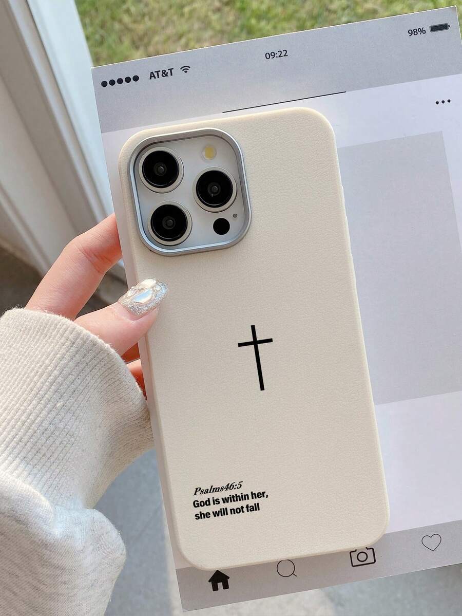 Psalms 46:5 Christian Cross Stylish Phone Case, Christian Gift For Girlfriend/Boyfriend, Minimalist White Faux Leather Texture Phone Case, Fingerprint/Water/Sweat Resistant, Soft Touch, Compatible With IPhone & Galaxy Phones