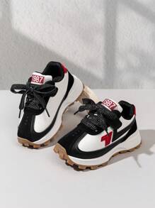 Fashionable Thick-Soled Children's Shoes, Black, Red And White Color-Blocking Design To Create A Street Style For Kids, With A Vel Strap For Easy On And Off, Versatile With Various Clothing Styles. - Black - View 2