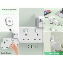 PASSUS This Multi-Functional Power Socket Is Suitable For Home, Kitchen, Office And Travel Use. It Integrates 7 Functions In One, Including 4 British-Standard Sockets With Independent Switches, 1 Power Switch, 2 USB-A Ports, 1 USB-C Port, A Flexible Cable Outlet, And A Wall-Mountable Design. Available In Black And White Colors.