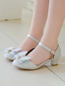 1 双女童水晶高跟公主鞋，软底，时尚，春秋季，小女孩表演走秀新款儿童鞋，带蝴蝶结，钩环水晶鞋 - 銀色 - 查看 2