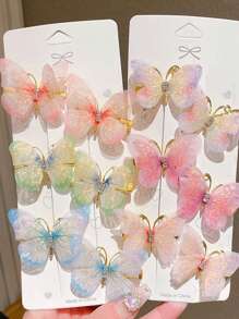 24/18/12/6pcs Women Gradient Color Double Layer Crystal Organza Butterfly Rhinestone Hair Clips, Cute Princess Hair Accessories, Claw Clips, Hair Claws, Clips For Hair, Hair Slide, Hair Barrettes