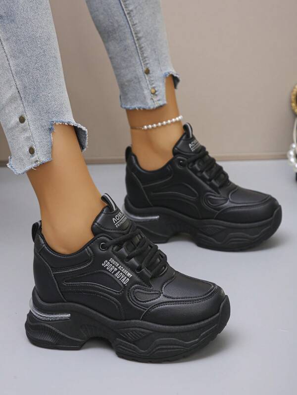 Zapatillas con plataforma para mujer con estampado de letras aleatorias, estilo casual y deportivo con cordones, adecuadas para vacaciones, escuela, oficina, todas las estaciones