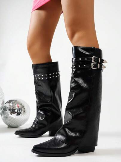 时尚舒适修身防滑过膝长靴，尖头西式铆钉骑士靴，粗跟复古高筒靴，裤靴