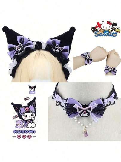 Sanrio 1/3 pièces/set Kuromi 3-en-1 Ensemble de déguisement de fête Serre-tête ajustable en velours Manchettes avec nœud papillon Gants en dentelle Kit de costume de fête Cadeau de fête Accessoires décoratifs (Certaines pièces peuvent être aléatoires) (Déguisement) Décoration d'automne Halloween Décoration d'automne