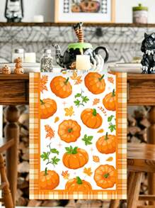 1 pièce Nappe en polyester avec design aquarelle de citrouille et feuille d'érable, thème de récolte d'automne et de Thanksgiving. Décoration de table thème feuille d'érable, fournitures de fête thème Halloween, décoration de maison saisonnière d'automne, fournitures de fête intérieure et extérieure. 35x180cm.