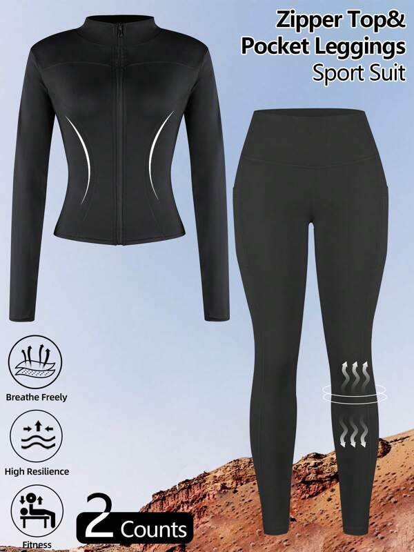 Conjunto esportivo feminino utilitário para atividades ao ar livre, jaqueta justa com zíper e manga comprida e leggings de cintura alta com bolso para levantamento