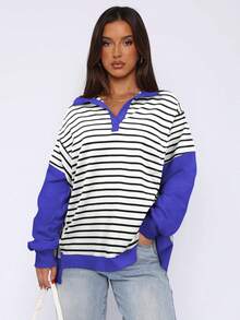 Loose Contrasting Striped Sweatshirt With Slit For Autumn And Winter Casual Slimming Top For Women
