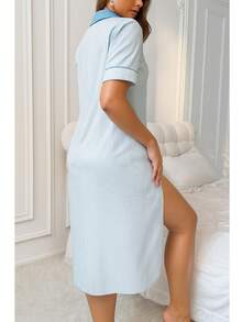 Bata Camisón de dormir a rayas con cuello redondo estampado y bolsillos - vestido de dormir vestido de pijama bata de dormir vestido de dormir camisón con botones - Azul - Ver 3