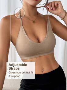 LianShengFa 1 Stück nahtloser gerippter Rückenfreier V-Ausschnitt Sport-BH mit mittlerer Dehnung, abnehmbaren Pads Fitness-Tanktop, weich, bequem und atmungsaktiv Yoga-BH