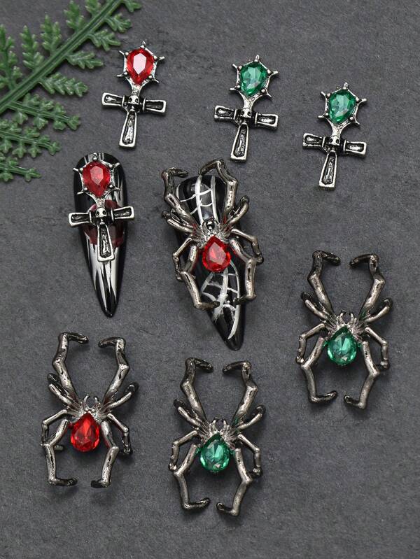Set de 5 piezas de suministros de arte de uñas estilo gótico oscuro - Encantos de uñas de metal 3D en forma de araña/cruz para decoraciones de uñas góticas