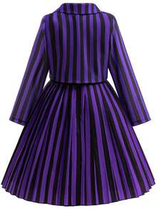 Girls' Striped Dress Set, Halloween Carnival COS Campus Style Costume, Gothic Style Black & Purple Dress With Jacket - Purple - View 6