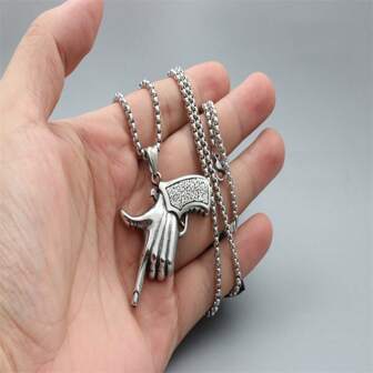Vintage Titanium Steel Pistol Hand Gesture Pendant Necklace, Stainless Steel Gun Accessory Necklace With Polished Craftsmanship