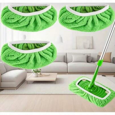 3-Piece Green Reusable Mop Cloth, Suitable For Flat Mops - Both Dry And Wet, With Elastic Edges To Ensure A Secure Fit, Clean Hardwood Floors, Tiles, Linen Carpets Without Traces, Sturdy Structure, Household Cleaning Products