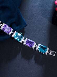 1 件精美镀银 CZ 紫色和蓝色方晶锆石方形网球串珠链式手链，适合新娘、珠宝、新娘、婚礼、派对、舞会、女士、女友、圣诞礼物 - 藍色 - 查看 6