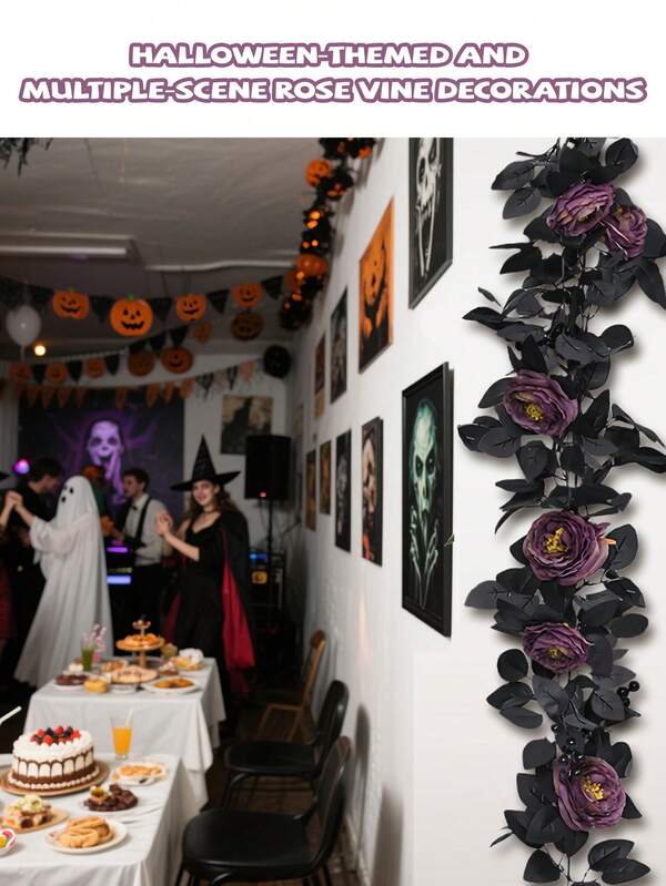 Holiday Scene Decoration Featuring Realistic Purple And Black Rose Leaves And Vine Branches. Halloween Home Decoration Scene With Black Decorative Setup And Artificial Rose Leaf Vine Branches.