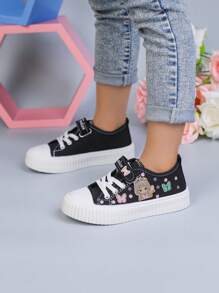 1 par de zapatillas de moda para niñas, zapatos casuales con decoración de personajes de dibujos animados y mariposas, con cordones lindos, adecuados para niñas pequeñas y niñas de uso en exteriores, para todas las estaciones