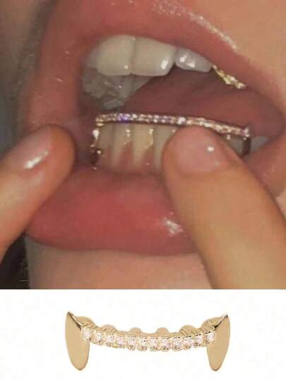 1pc Fashionable Hip Hop Tooth Jewelry Accessory, Inlaid With Cubic Zirconia, 18K Plated, High Color Retention Adjustable Upper & Lower Teeth, Suitable For Party, Halloween Decoration, Stage Props, Gift For Women (Tweezers & Dental Wax Included)