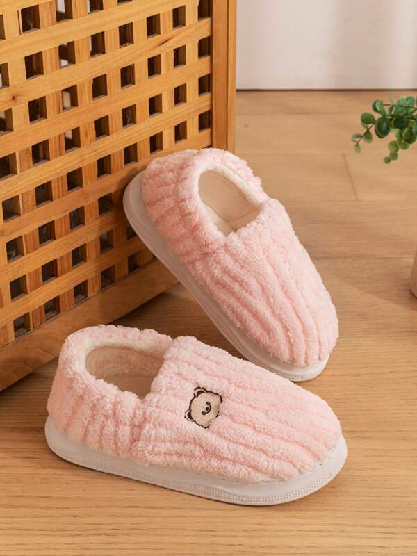 Pink Heel Women's House Slippers, Warm For Autumn/Winter, Fluffy Indoor Shoes, Cute Bear Design, Striped Upper, Comfortable Non-Slip