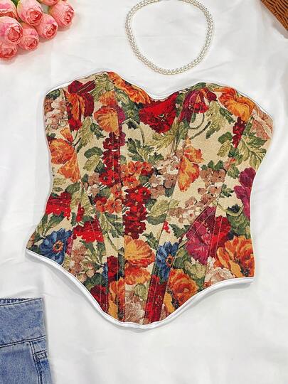 New Style Strapless Corset Top, Court Style, Vintage Floral Print, Side Zipper, Back Drawstring, Body Shaping Waist Cincher