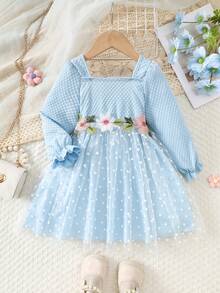 Girls Long Sleeve Dress, Textured Fabric, Mesh Patchwork, Floral Decor, Fits Age 4-7, Casual Style, Everyday Wear, Girls Autumn/Winter Dress - Blue - View 3
