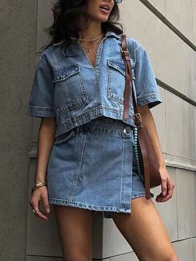 Womens 2 Piece Denim Jeans Outfit Sets Short Sleeve Lapel Jean Tops And Asymmetrical Shorts Set Streetwear