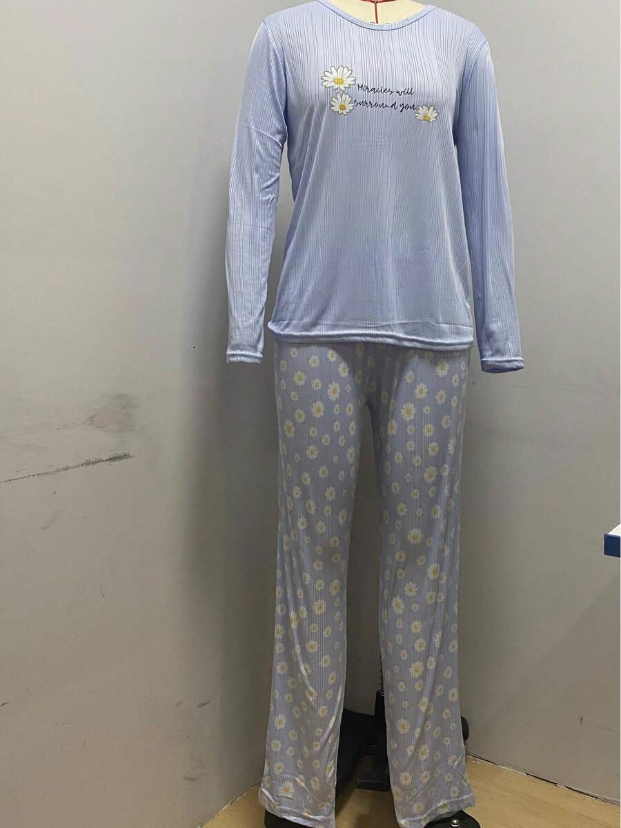 Mirano Slogan Print Short Sleeve Top & Cherry Pattern Long Pants Pajama Set - Blue - View 1