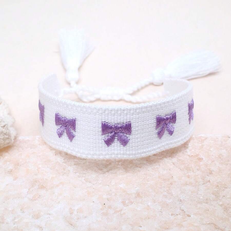 1 pieza Brazalete trenzado de estilo bohemio con lazo bordado a mano, accesorio de moda adecuado para familia, amigos, estudiantes, vacaciones, fiestas, viajes, uso diario - Blanco P - Ver 1