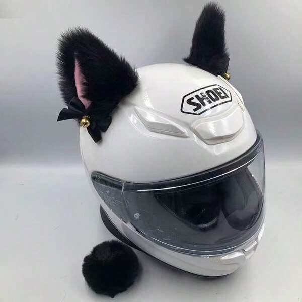 2 Stücke Katzenohren Helm Dekoration mit goldener Glocke, Plüsch Helm Ohren, Helm Hörner, Ski Motorrad Helm Zubehör, Katzenohren für Helm Plüsch Ohren Klebezubehör für Fahrrad Motorrad glatte Oberflächen Helm Deko, Weihnachts Helm Dekoration, Halloween Helm Dekoration, Tag der Toten Helm Dekoration