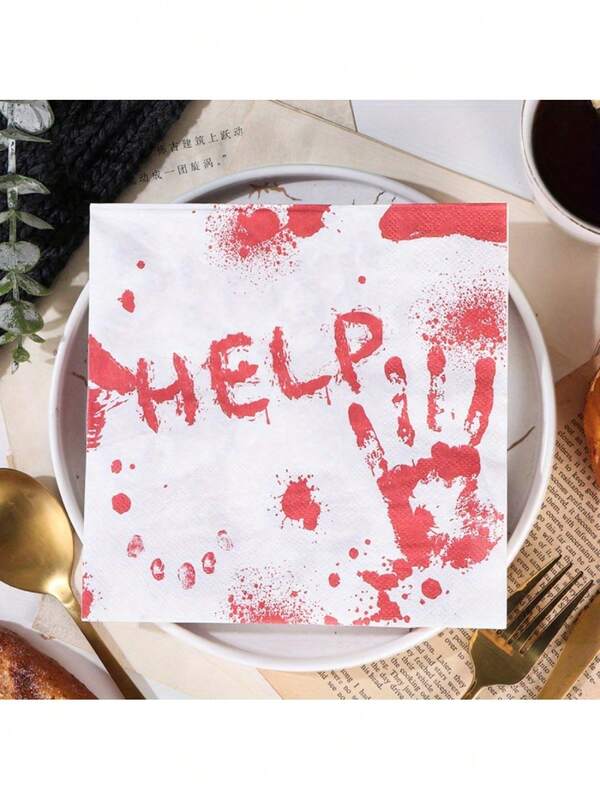 20pcs/Set Horror Bloody Hand Print "HELP" Napkins, Colorful Printed Halloween Party Disposable Paper Napkins