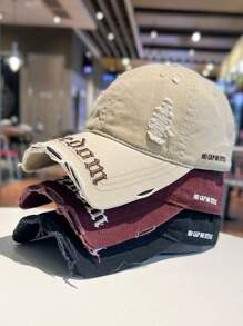 Back-To-School Season Star Same Style Fashion Retro Broken Hole Cool Embroidery Letter Baseball Cap Big Head Circumference American Cap Young Couple Fashion Street Curved Brim Hat Blocking Ultraviolet Sunshade Hat Outdoor Sports Wear Retro European And American Style Unisex Couple Baseball Cap