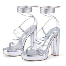 Women's Lace Up Strappy Heeled Platform Heels Sandals Open Toe Chunky High Heels For Party Wedding Homecoming Prom - 銀色 - 查看 5