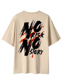 男士休闲时尚街头标语印花落肩宽松透气短袖T恤，夏季 - 杏色 - 查看 3