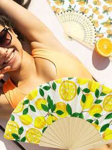 1pc Lemon Print Folding Fan, Spanish Wooden Fan, Portable Folding Fabric Lemon Bamboo Fan, Theme Party Decor Hand Fan, For Vacation/Theme Party, Bridal Shower, Wedding, Bridesmaid Gift, Halloween Costume Woman Accessories - Multicolor - View 3