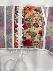 新款露肩束身衣上衣，宫廷风格，复古花卉印花，侧拉链，后背抽绳，塑身腰带 - 多色紅 - 查看 5