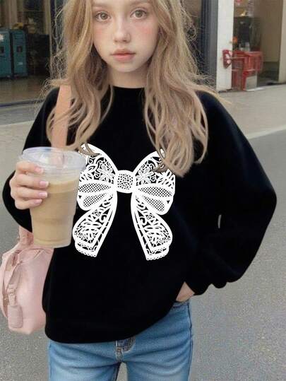 Tween Girl Bowknot Print(Pattern)Sweatshirt,Crewneck Sweatshirt For Girl Casual Comfy Fall And Winter Fashion Outfits Cute Clothes.Soft And Machine-Washable, Casual And Fashionable, Suitable For Travel, Party And Campus Wear.Suitable For School, Vacation And Shopping Outfits