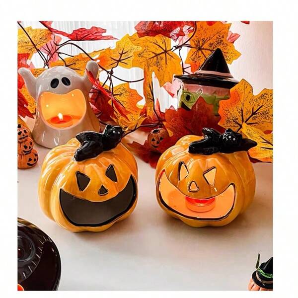 2025 Neue Halloween Geist Kürbis Weiß Fledermaus Kerzenhalter Dekorative Tischkerzenständer Halloween Tisch Ornamente Party Tisch Dekorationen Party Porzellan Tisch Ornament