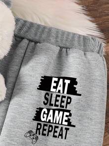 Young Boy Slogan Graphic Print Warm Hoodie And Sweatpants Set - Grey - View 6