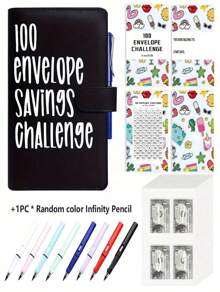100 Envelope Savings Challenge Binder - Save $5,050 In 100 Days With Cash Envelopes & Inkless Eternal Pencil - Budget Tracker Journal For Cash Stuffing - Cute Cartoon Design Money Saving Kit For Adults & Teens