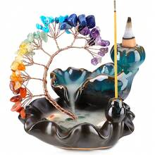 Quemador de incienso de flujo inverso de cerámica con 7 chakras y árbol de cristal - Decoración de yoga y meditación - Azul - Ver 1