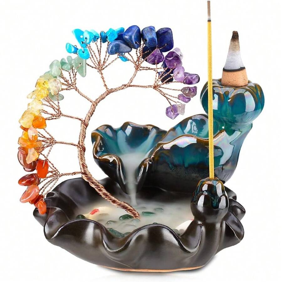 Quemador de incienso de flujo inverso de cerámica con 7 chakras y árbol de cristal - Decoración de yoga y meditación - Azul - Ver 1
