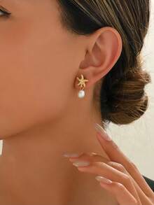 1 Pair Of Women's Starfish Pearl Earrings, Gold Shell Starfish Earring, Thick Pendant Earrings, Suitable For Summer Beach Swing Jewelry. Women's Starfish Pearl Earrings, Gold Shell Starfish Earring, Thick Pendant Earrings, Suitable For Summer Beach Swing Jewelry - Vàng - Xem 9