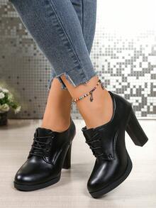 Fashionable High-End Elegant Vintage Minimalist Sophisticated Black Lace-Up Chunky Heel Women's High Heels, Western Style PU Leather Lace-Up Party Shoes - Black - View 4