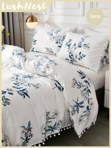 3pcs Floral Pom-Pom Duvet Cover Set, Available In Twin/Queen/King Size, Farmhouse Style Bedding Set, Includes 1 Duvet Cover With Zipper, 2 Pillow Shams, Super Soft Microfiber, Gift For Her - Multicolor - View 1