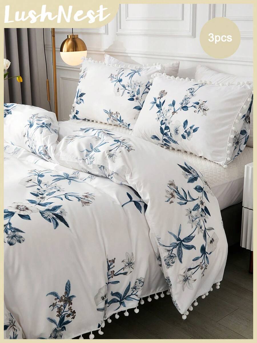 3pcs Floral Pom-Pom Duvet Cover Set, Available In Twin/Queen/King Size, Farmhouse Style Bedding Set, Includes 1 Duvet Cover With Zipper, 2 Pillow Shams, Super Soft Microfiber, Gift For Her - Multicolor - View 1