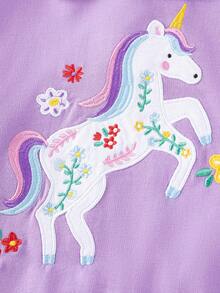 2pcs/Set Young Girl Casual Collared Pullover Long Sleeve Mesh Sweatshirt & Pants, Cartoon Unicorn Embroidery Pattern, Fashionable & Cute Outfit For Autumn/Winter - Multicolor - View 5
