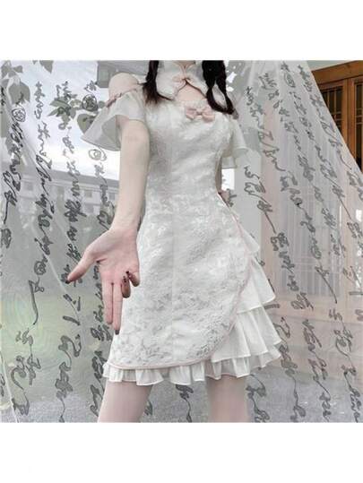 2025夏新改良チャイナドレス小柄でデザイン感が不規則なa字スカート小衆新中国式ワンピース